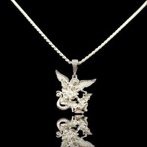 S925 Rhodium Finish St. Michael Angel - S925 Sterling Silver Rope Chain.